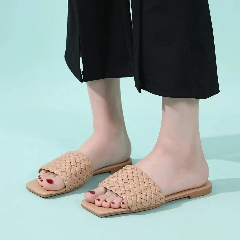 Beige woven strap open-toe women sandals, pair with flat sole, casual beach style on Tampa Home & Garden Store