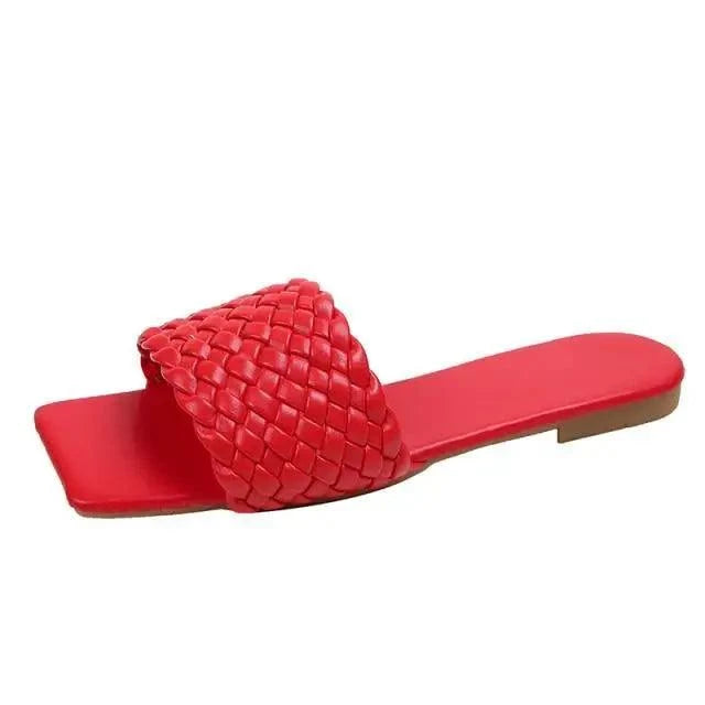 Women's red woven strap open-toe slide sandal with flat sole on Tampa Home & Garden Store