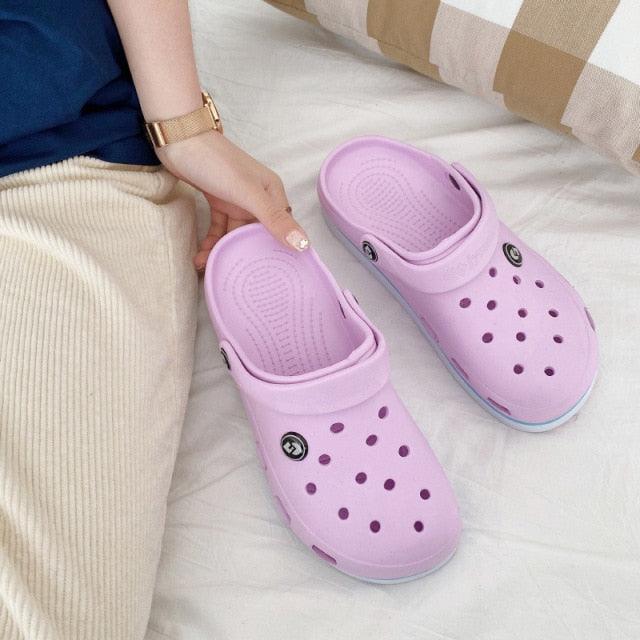Womens Soft EVA Clogs Stevvex lavender perforated non-slip beach slides, 2 shoes on Tampa Home & Garden Store