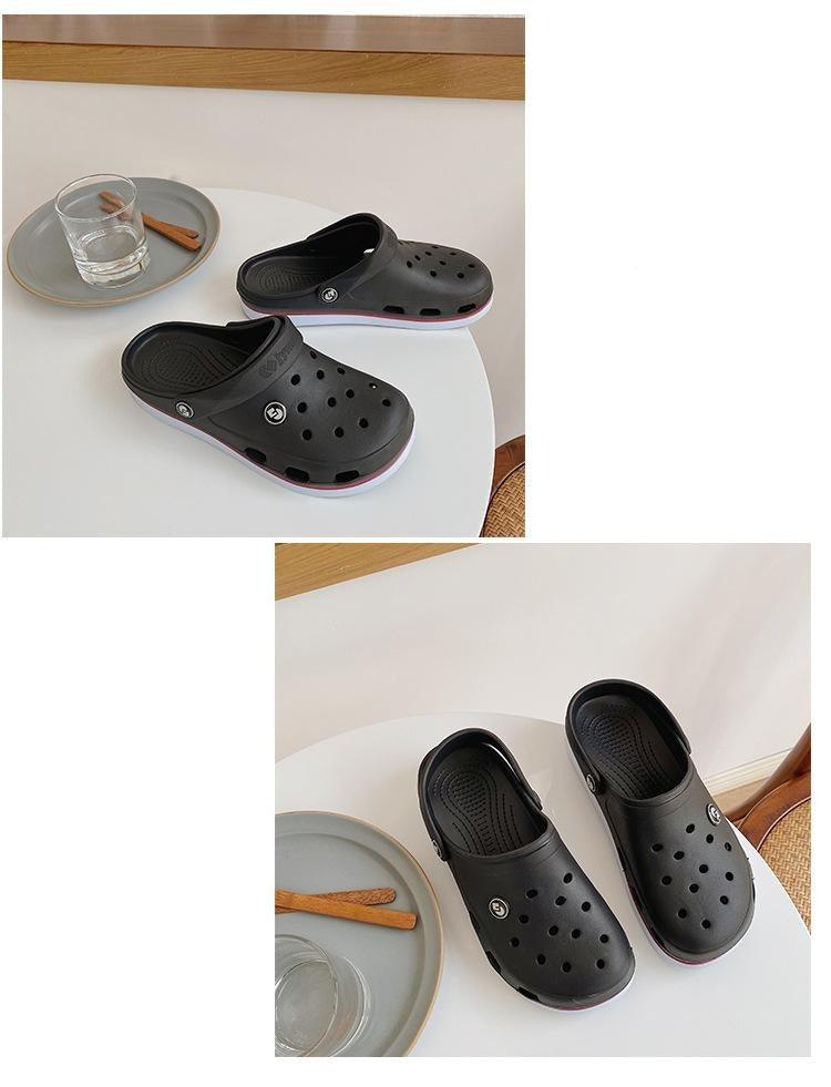 Stevvex black EVA clogs, womens slip-on perforated beach slippers with pink-trim sole on Tampa Home & Garden Store
Stevvex black EVA clogs, perforated slip-on beach slippers beside a plate on round table on Tampa Home & Garden Store