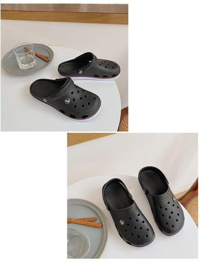 Stevvex black EVA clogs, womens slip-on perforated beach slippers with pink-trim sole on Tampa Home & Garden Store
Stevvex black EVA clogs, perforated slip-on beach slippers beside a plate on round table on Tampa Home & Garden Store