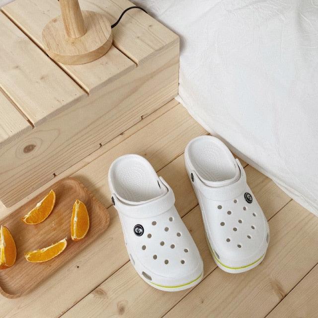 Womens Soft Eva Clogs Stevvex white perforated non-slip beach slippers lime trim on Tampa Home & Garden Store