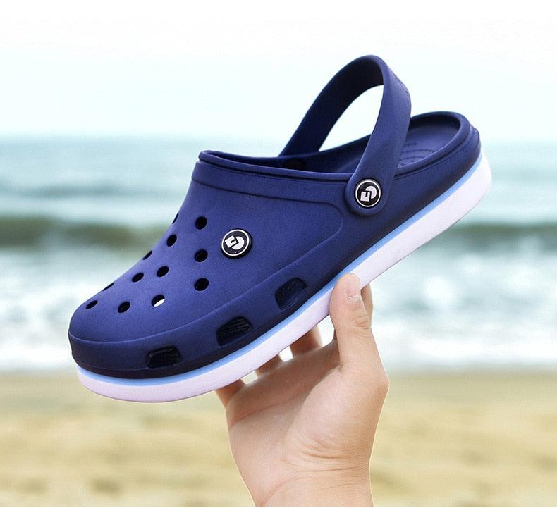 Stevvex navy blue beach sandals with perforated upper, white sole and ankle strap on Tampa Home & Garden Store