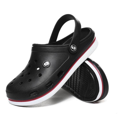 Stevvex men's black perforated clog sandals with ankle strap and white sole with red stripe on Tampa Home & Garden Store