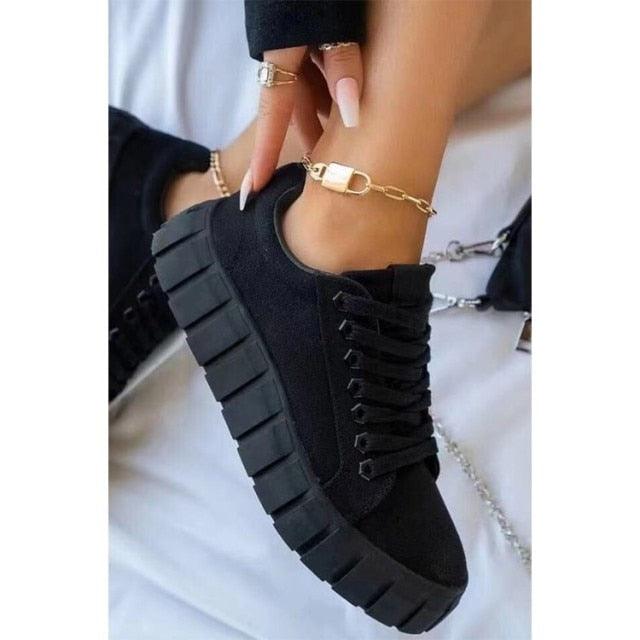 Stevvex black platform sneakers for women with chunky sole and lace-up design on Tampa Home & Garden Store