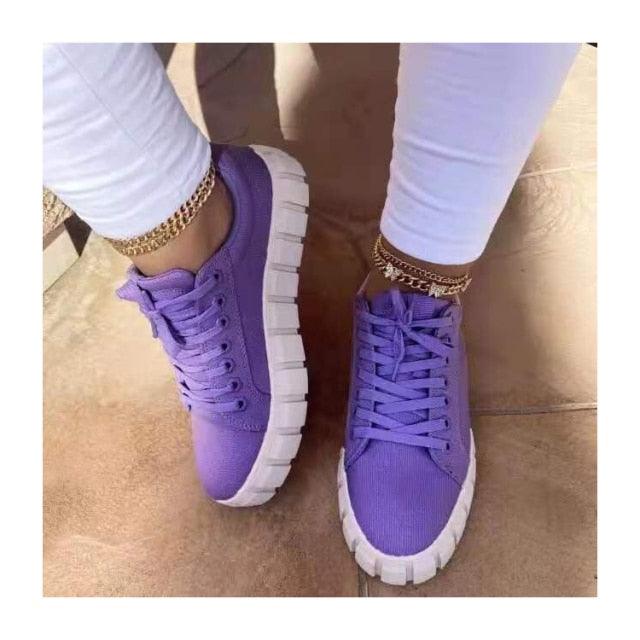 Stevvex purple platform sneakers, knit upper, white chunky sole, pair on Tampa Home & Garden Store
