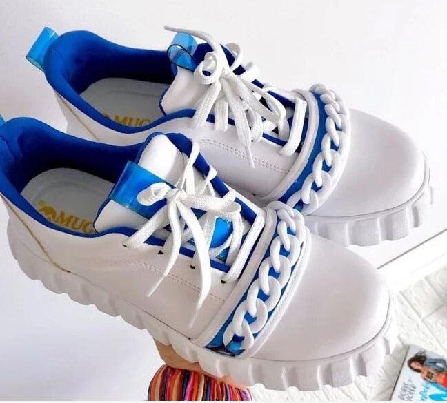 Stevvex white platform sneakers with blue lining and chunky sole for women on Tampa Home & Garden Store