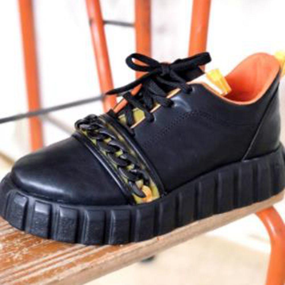 Stevvex women's platform sneakers black leather upper, chunky lug sole, camo-pattern lace detail on Tampa Home & Garden Store