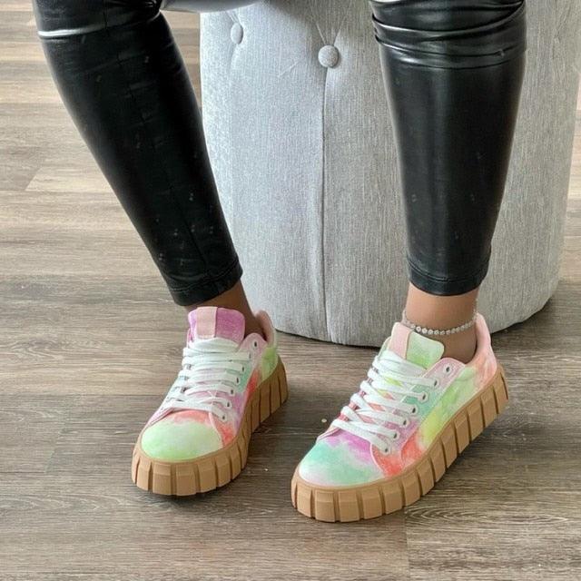 Pastel tie-dye platform sneakers for women, chunky gum sole, white laces on Tampa Home & Garden Store