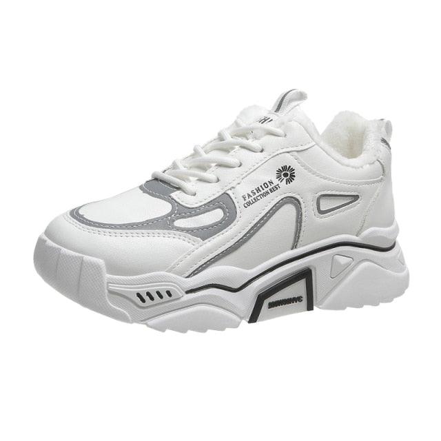 White women's chunky sneakers with gray overlays and lace-up closure, thick sole on Tampa Home & Garden Store