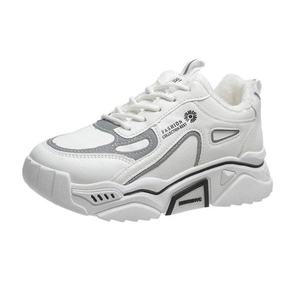 White women's chunky sneakers with gray overlays and lace-up closure, thick sole on Tampa Home & Garden Store