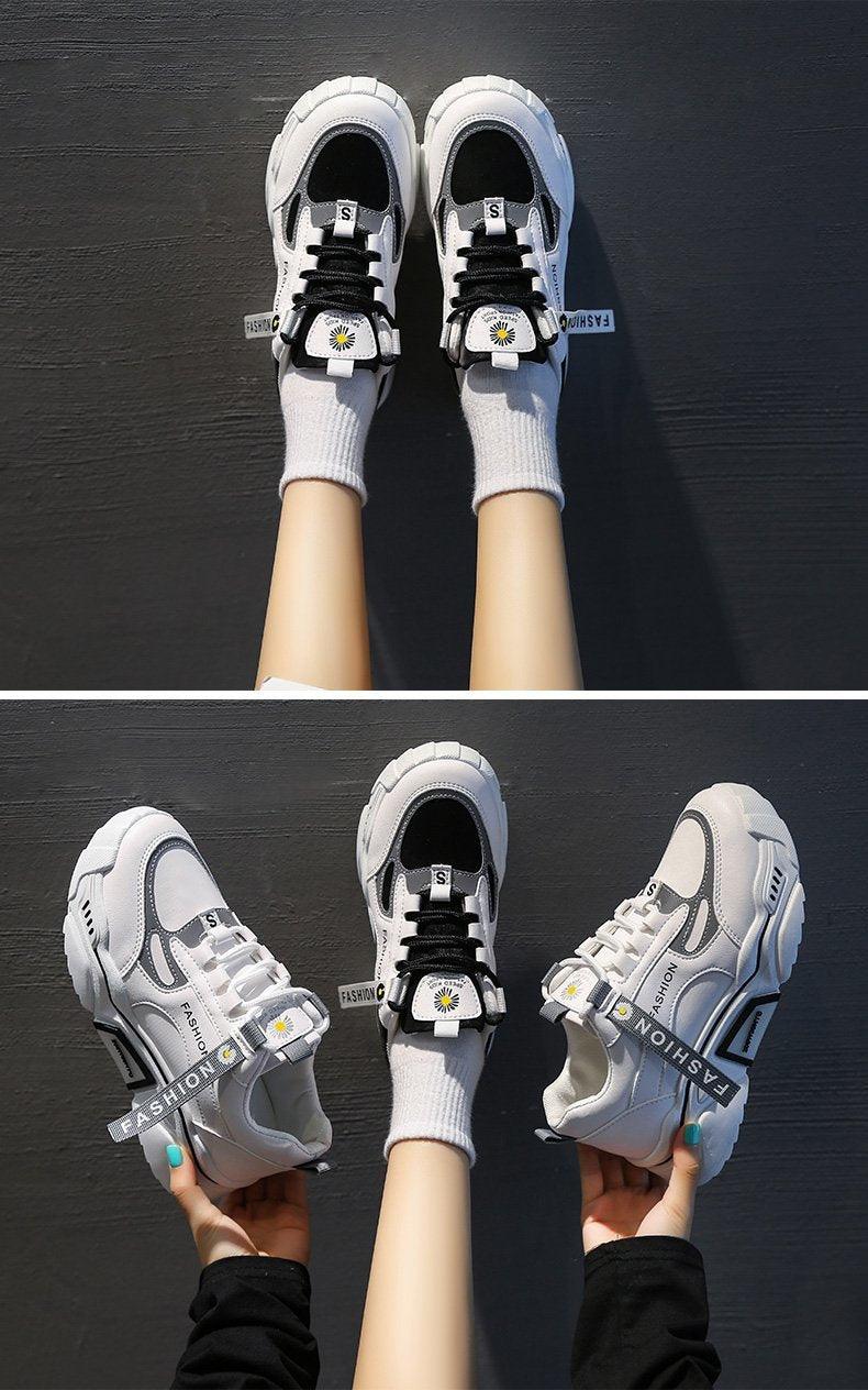 Stevvex Fashion Spring Reflective Women Sneakers white gray chunky lace-up sneakers, 2 pairs on Tampa Home & Garden Store