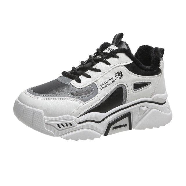 Stevvex women's chunky sneakers with lace-up, mixed white/gray, black faux-fur trim on Tampa Home & Garden Store