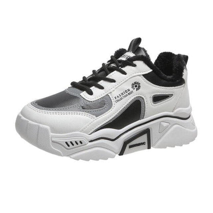 Stevvex women's chunky sneakers with lace-up, mixed white/gray, black faux-fur trim on Tampa Home & Garden Store