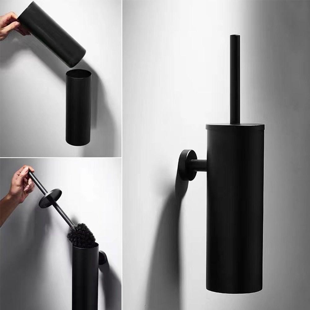 Stevvex toilet bowl brush and wall mount in matte black steel; wall-mount holder with brush on Tampa Home & Garden Store