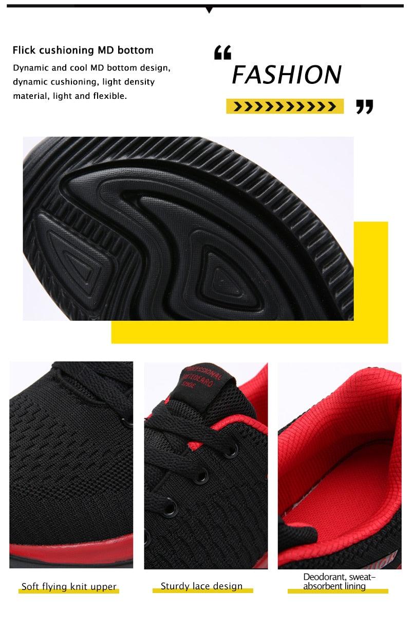 Stevvex men's lightweight black no-slip sneakers; knit upper, red lining, outsole close-up on Tampa Home & Garden Store
