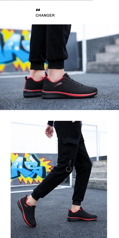 Stevvex men's black mesh sneakers with red trim, lightweight casual walking shoes on Tampa Home & Garden Store