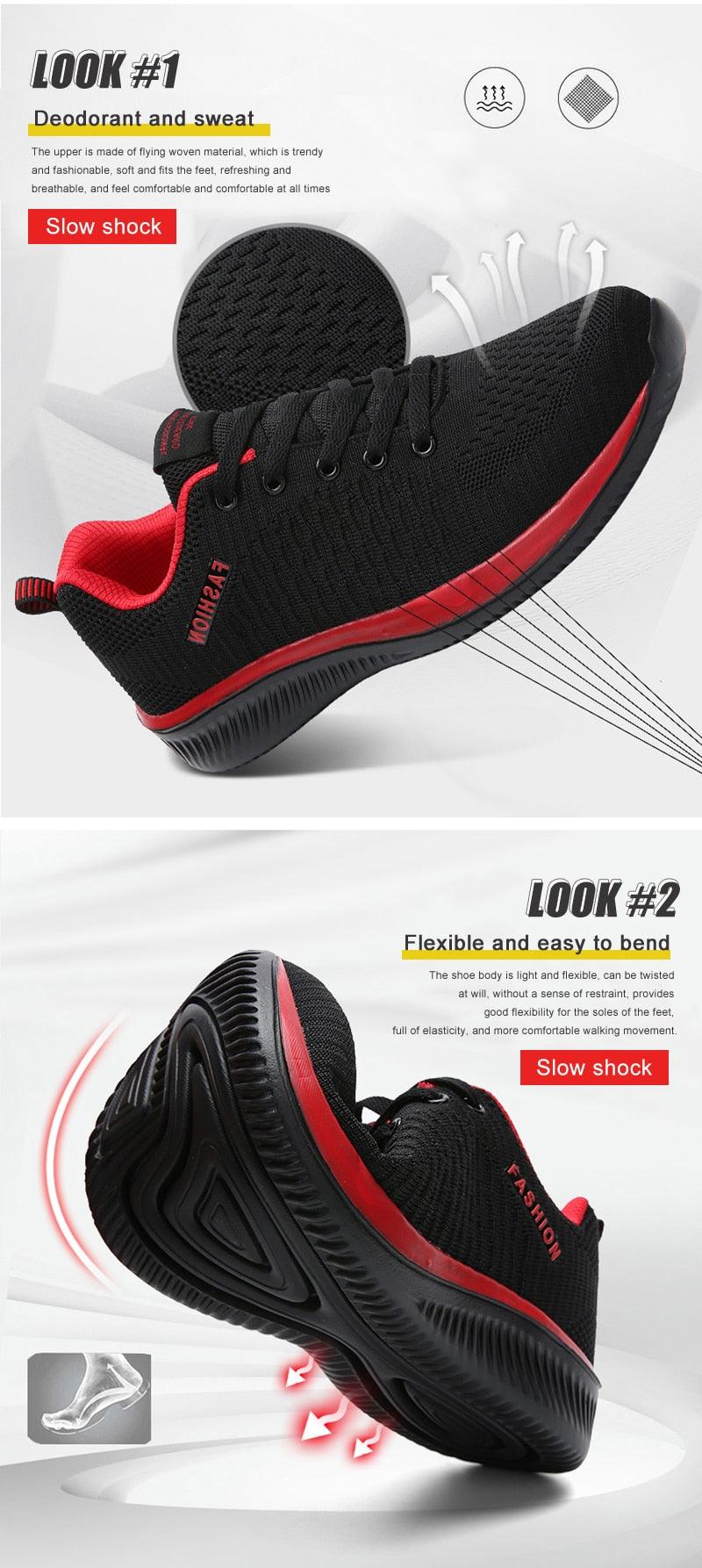 Stevvex men's lightweight no-slip sneakers black mesh upper with red lining on Tampa Home & Garden Store