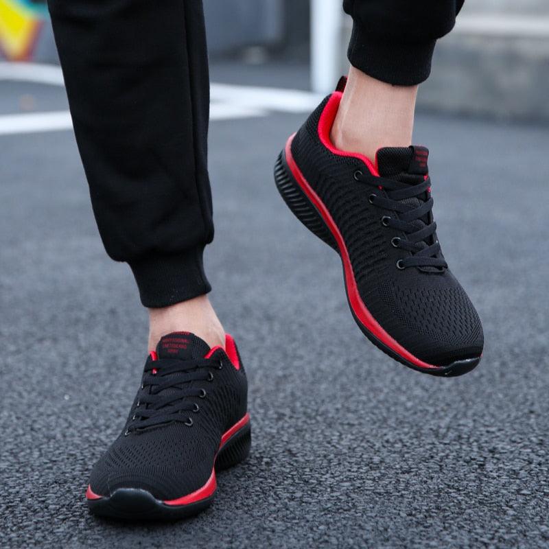 Stevvex ST85SH2204DBH sneakers, black knit upper with red sole, athletic pair shoes on Tampa Home & Garden Store