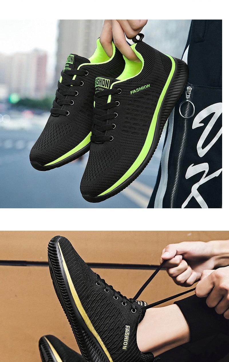 Stevvex men's lightweight no-slip sneakers pair in black knit with neon lime accents for walking on Tampa Home & Garden Store