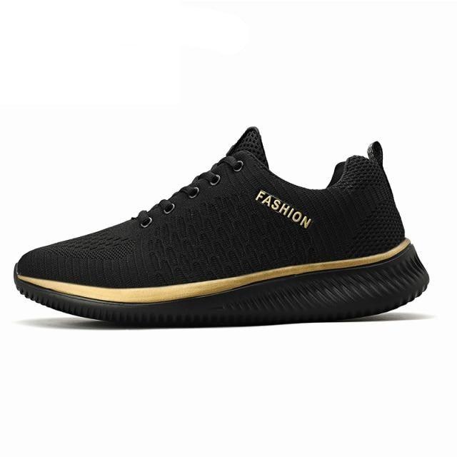 Mens black Stevvex fashion walking lightweight no-slip sneakers with knit upper and gold midsole on Tampa Home & Garden Store