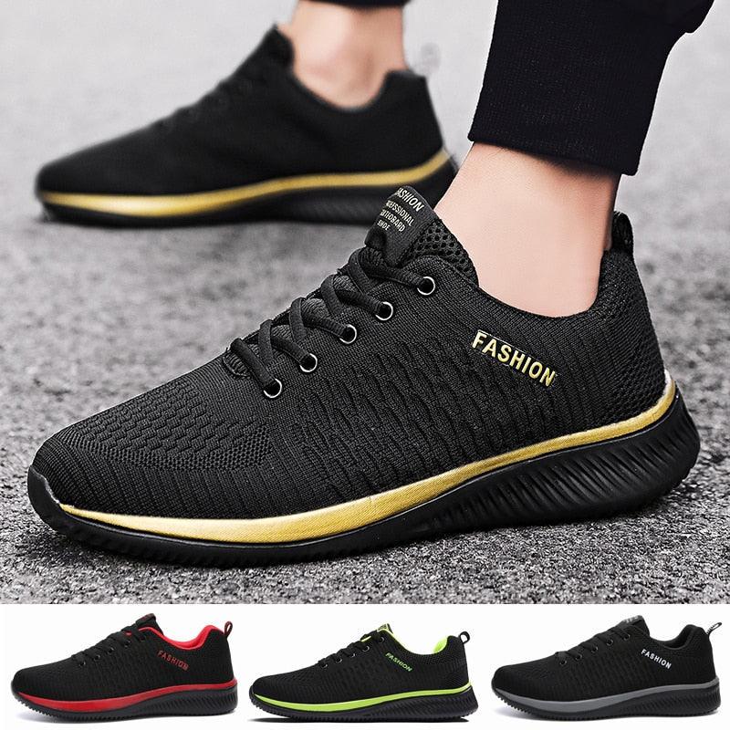 Stevvex Fashion Walking Mens Lightweight No-Slip Sneakers black knit upper with gold midsole on Tampa Home & Garden Store