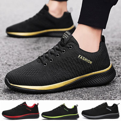 Stevvex Fashion Walking Mens Lightweight No-Slip Sneakers black knit upper with gold midsole on Tampa Home & Garden Store