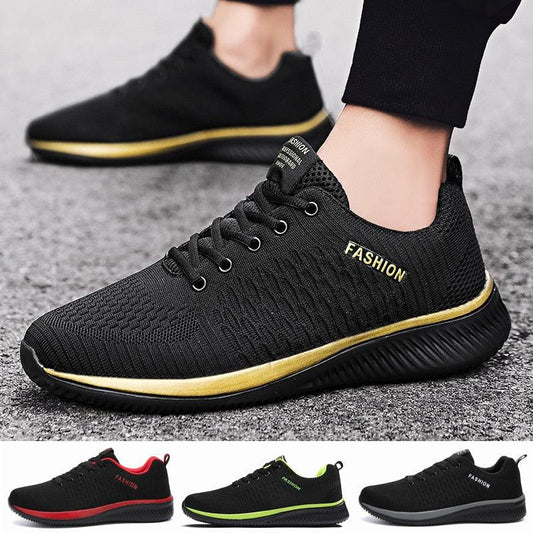 Stevvex Fashion Walking Mens Lightweight No-Slip Sneakers black knit upper with gold midsole on Tampa Home & Garden Store