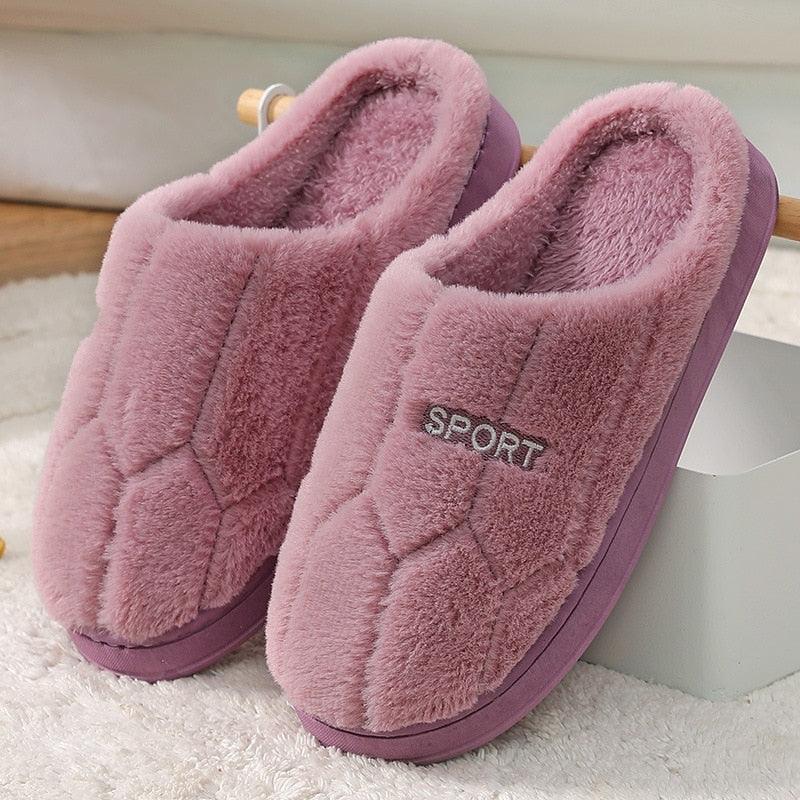 Stevvex pink plush slippers with closed toe and purple sole, sport logo on Tampa Home & Garden Store