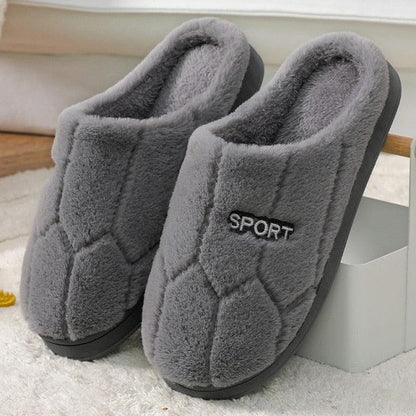 Stevvex plush gray winter slippers, closed-toe quilted design with SPORT badge, non-slip sole on Tampa Home & Garden Store