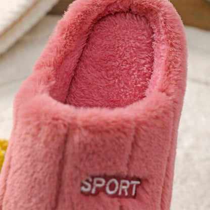 Pink plush closed-toe slipper with fluffy interior, Stevvex brand, SPORT embroidery for indoor wear on Tampa Home & Garden Store