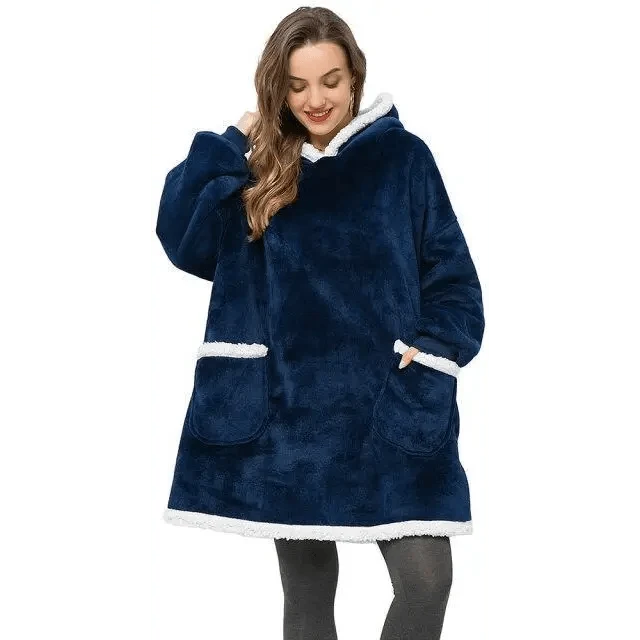 Hoodie bathrobe oversized fleece navy with white faux fur trim hood pockets Stevvex on Tampa Home & Garden Store
