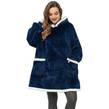 Hoodie bathrobe oversized fleece navy with white faux fur trim hood pockets Stevvex on Tampa Home & Garden Store