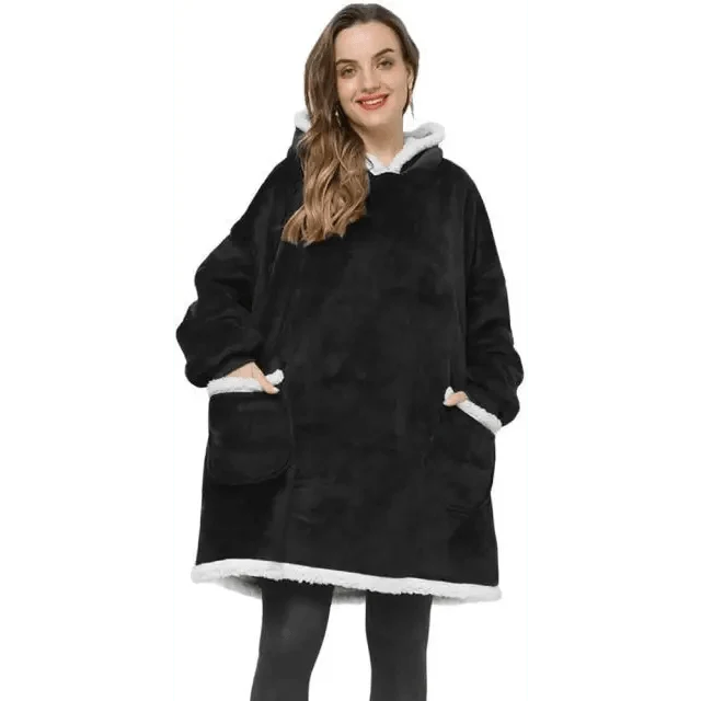 Oversized hoodie blanket Stevvex, black fleece with hood and white faux fur trim on Tampa Home & Garden Store