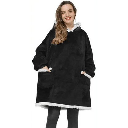 Oversized hoodie blanket Stevvex, black fleece with hood and white faux fur trim on Tampa Home & Garden Store