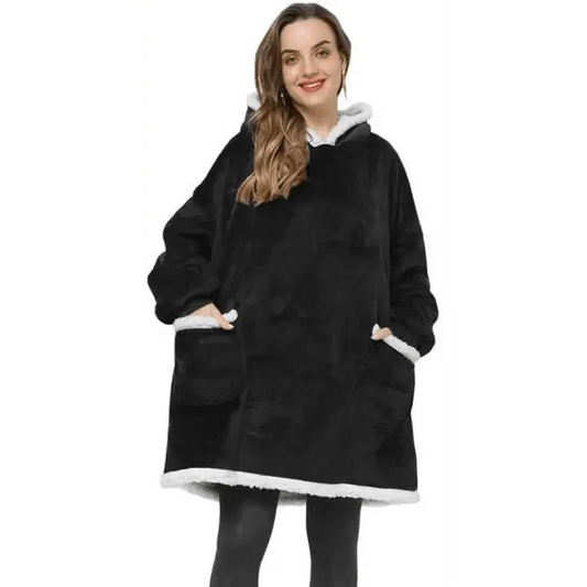 Oversized hoodie blanket Stevvex, black fleece with hood and white faux fur trim on Tampa Home & Garden Store