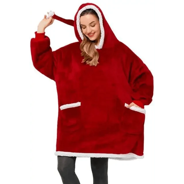 Red oversized hoodie blanket with white faux fur trim, hood, and pockets worn by model on Tampa Home & Garden Store