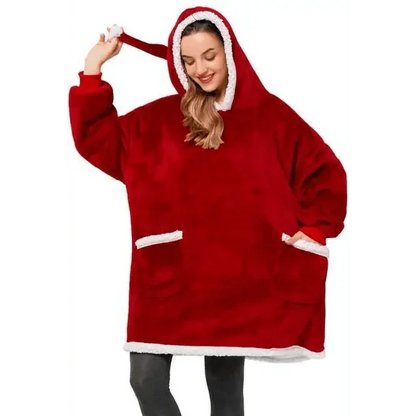 Red oversized hoodie blanket with white faux fur trim, hood, and pockets worn by model on Tampa Home & Garden Store