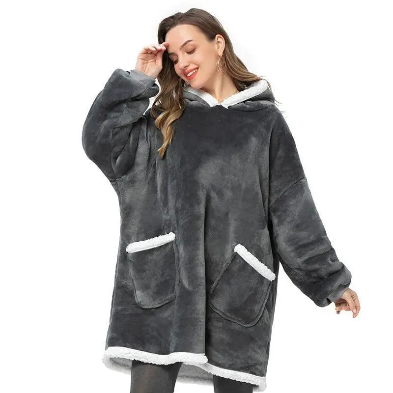 Stevvex oversized fleece hoodie coat in dark grey with white faux fur trim and pockets on Tampa Home & Garden Store