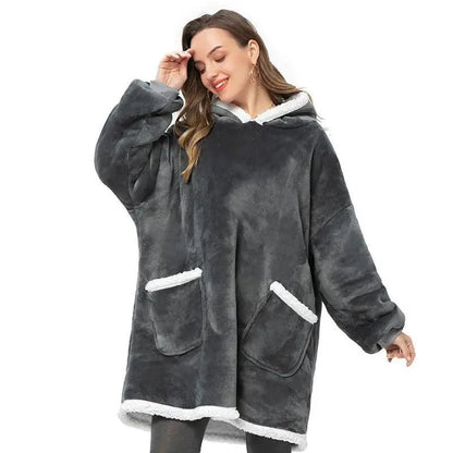 Stevvex oversized fleece hoodie coat in dark grey with white faux fur trim and pockets on Tampa Home & Garden Store