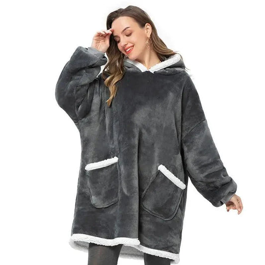 Stevvex oversized fleece hoodie coat in dark grey with white faux fur trim and pockets on Tampa Home & Garden Store