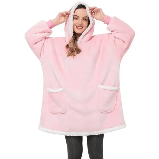 Pink oversized hoodie bathrobe with hood and front pockets in fleece by Stevvex on Tampa Home & Garden Store