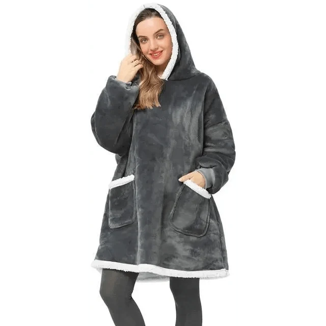 Stevvex oversized fleece hoodie blanket robe in gray with white faux fur trim and pockets on Tampa Home & Garden Store