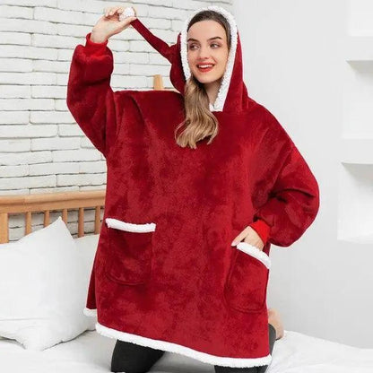 Stevvex oversized fleece hoodie blanket in red with white faux fur trim and large pockets on Tampa Home & Garden Store