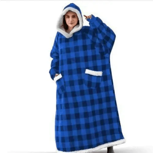 Oversized blue checkered hoodie blanket by Stevvex with hood and white trim on Tampa Home & Garden Store