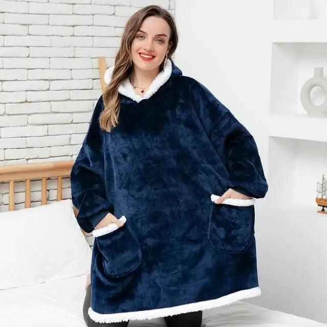 Stevvex oversized hoodie blanket with sleeves in navy blue, white sherpa lining, pockets on Tampa Home & Garden Store