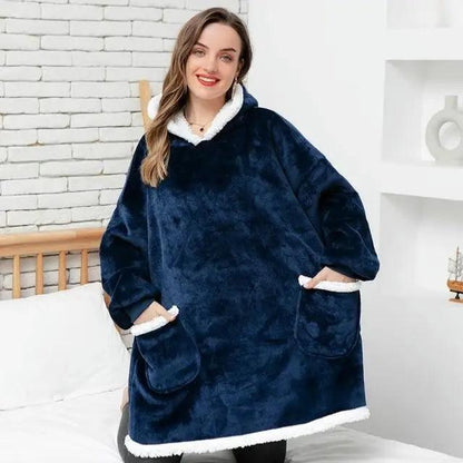 Stevvex oversized hoodie blanket with sleeves in navy blue, white sherpa lining, pockets on Tampa Home & Garden Store