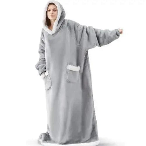 Giant fleece hoodie blanket Stevvex with white fur hood and front pockets on Tampa Home & Garden Store