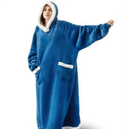 Blue oversized fleece hoodie blanket with sleeves, hood with white trim and front pocket on Tampa Home & Garden Store