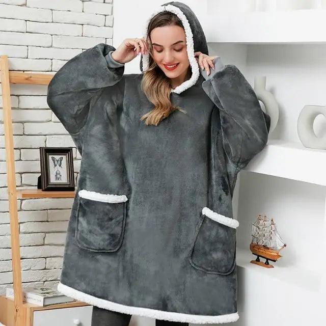 Stevvex oversized gray fleece blanket hoodie with white faux fur trim, long length, front pockets on Tampa Home & Garden Store